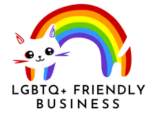 A graphic of a cat against a rainbow with the text "LGBTQ+ Friendly Business."